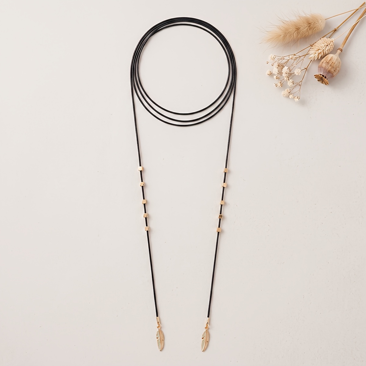 Double Layer Thin Black Cord Necklace with Feather Pendant
